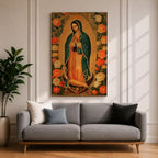Illustration of Our Lady of Guadalupe standing with hands clasped in prayer, wearing a rose colored gown and a teal mantle covered with gold stars, surrounded by radiant golden rays and decorative floral elements, with a small angel beneath her, rendered in warm tones with soft shading in a devotional style inspired by Mexican Catholic iconography.