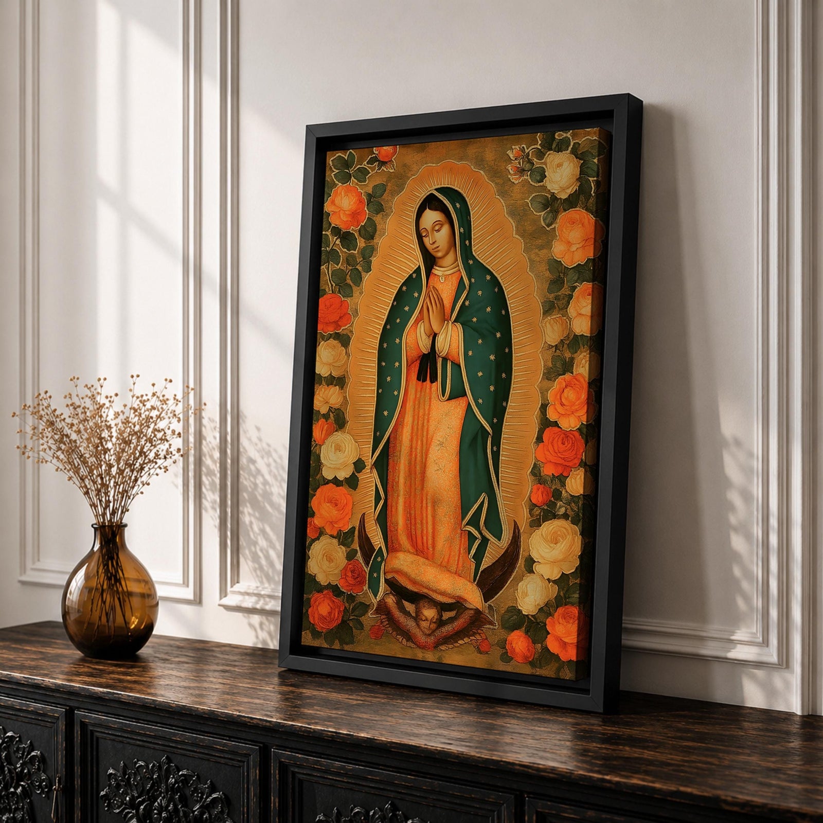 Illustration of Our Lady of Guadalupe standing with hands clasped in prayer, wearing a rose colored gown and a teal mantle covered with gold stars, surrounded by radiant golden rays and decorative floral elements, with a small angel beneath her, rendered in warm tones with soft shading in a devotional style inspired by Mexican Catholic iconography.
