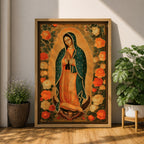 Illustration of Our Lady of Guadalupe standing with hands clasped in prayer, wearing a rose colored gown and a teal mantle covered with gold stars, surrounded by radiant golden rays and decorative floral elements, with a small angel beneath her, rendered in warm tones with soft shading in a devotional style inspired by Mexican Catholic iconography.
