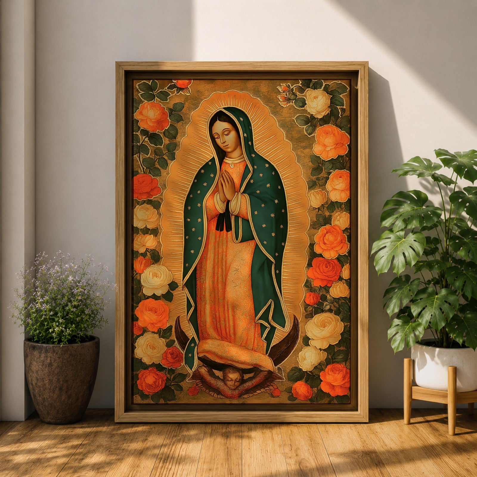 Illustration of Our Lady of Guadalupe standing with hands clasped in prayer, wearing a rose colored gown and a teal mantle covered with gold stars, surrounded by radiant golden rays and decorative floral elements, with a small angel beneath her, rendered in warm tones with soft shading in a devotional style inspired by Mexican Catholic iconography.