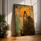 Vintage devotional illustration of the Virgin Mary portrayed as the Blessed Mother appearing in a radiant apparition, shown with a gentle expression and open hands, wearing flowing blue and white robes with a soft halo and light rays surrounding her figure, rendered in muted antique tones with delicate shading in a traditional Marian devotional composition.