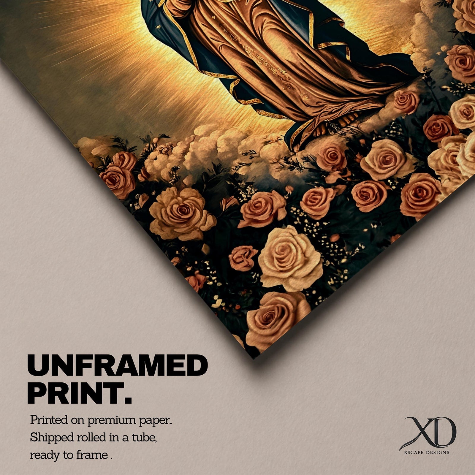 Vintage devotional illustration of Our Lady of Guadalupe also known as La Virgen Morena standing with hands clasped in prayer, wearing a rose colored gown and a teal mantle covered with gold stars, surrounded by radiant golden rays with a small angel beneath her, rendered in warm antique tones with delicate shading in traditional Mexican Catholic icon style.