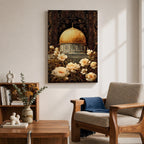 Elegant artwork of the Dome of the Rock in Jerusalem featuring the iconic golden dome surrounded by detailed Ottoman-style floral ornamentation and blooming flowers. The composition highlights the sacred Islamic landmark with rich decorative patterns and warm vintage tones.