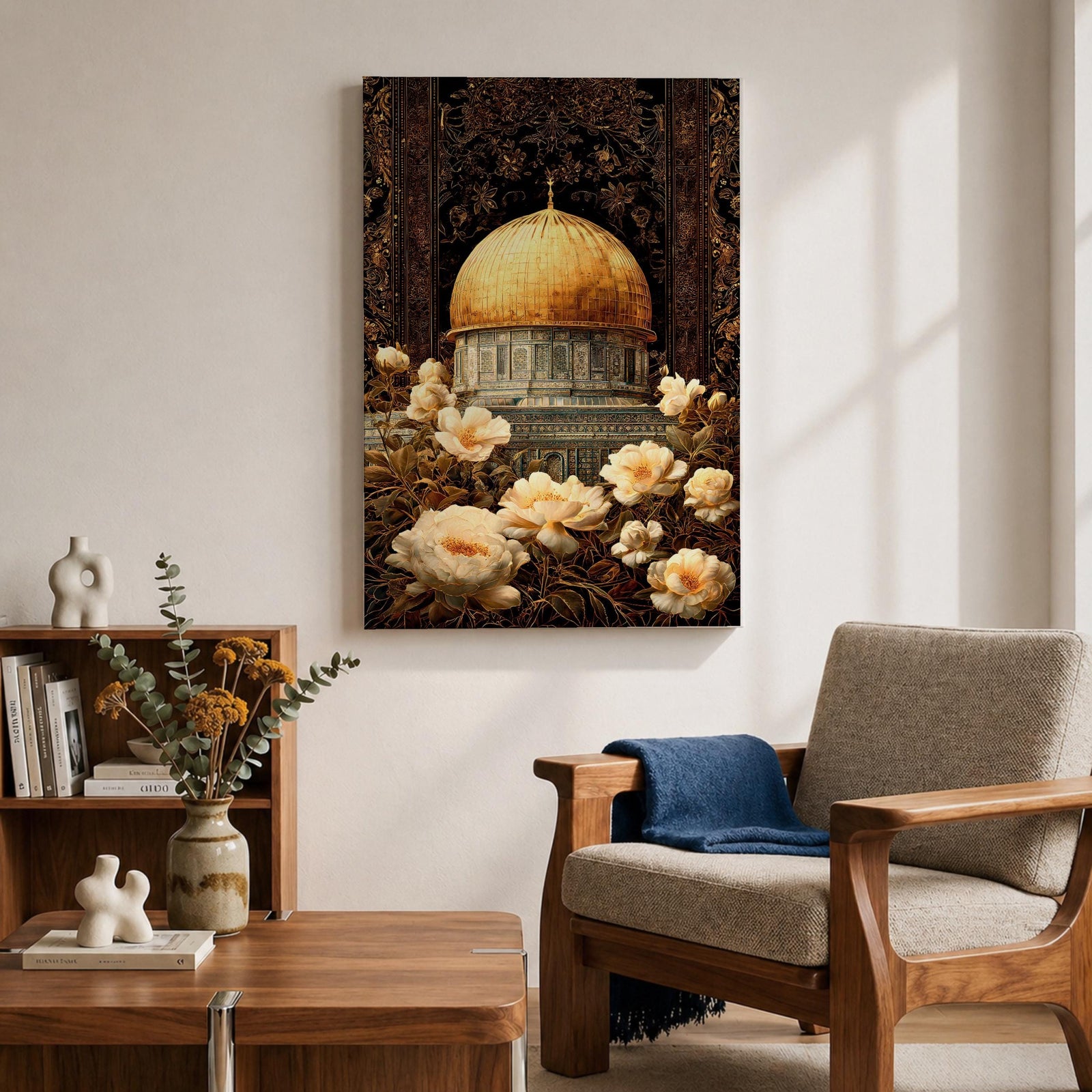 Elegant artwork of the Dome of the Rock in Jerusalem featuring the iconic golden dome surrounded by detailed Ottoman-style floral ornamentation and blooming flowers. The composition highlights the sacred Islamic landmark with rich decorative patterns and warm vintage tones.