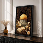 Elegant artwork of the Dome of the Rock in Jerusalem featuring the iconic golden dome surrounded by detailed Ottoman-style floral ornamentation and blooming flowers. The composition highlights the sacred Islamic landmark with rich decorative patterns and warm vintage tones.