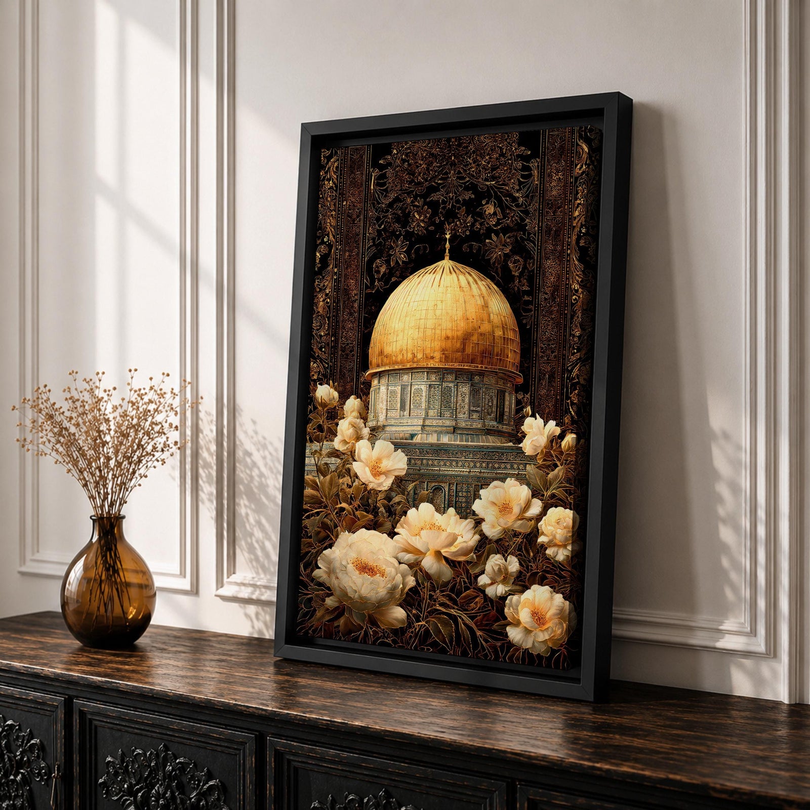 Elegant artwork of the Dome of the Rock in Jerusalem featuring the iconic golden dome surrounded by detailed Ottoman-style floral ornamentation and blooming flowers. The composition highlights the sacred Islamic landmark with rich decorative patterns and warm vintage tones.