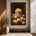 Elegant artwork of the Dome of the Rock in Jerusalem featuring the iconic golden dome surrounded by detailed Ottoman-style floral ornamentation and blooming flowers. The composition highlights the sacred Islamic landmark with rich decorative patterns and warm vintage tones.