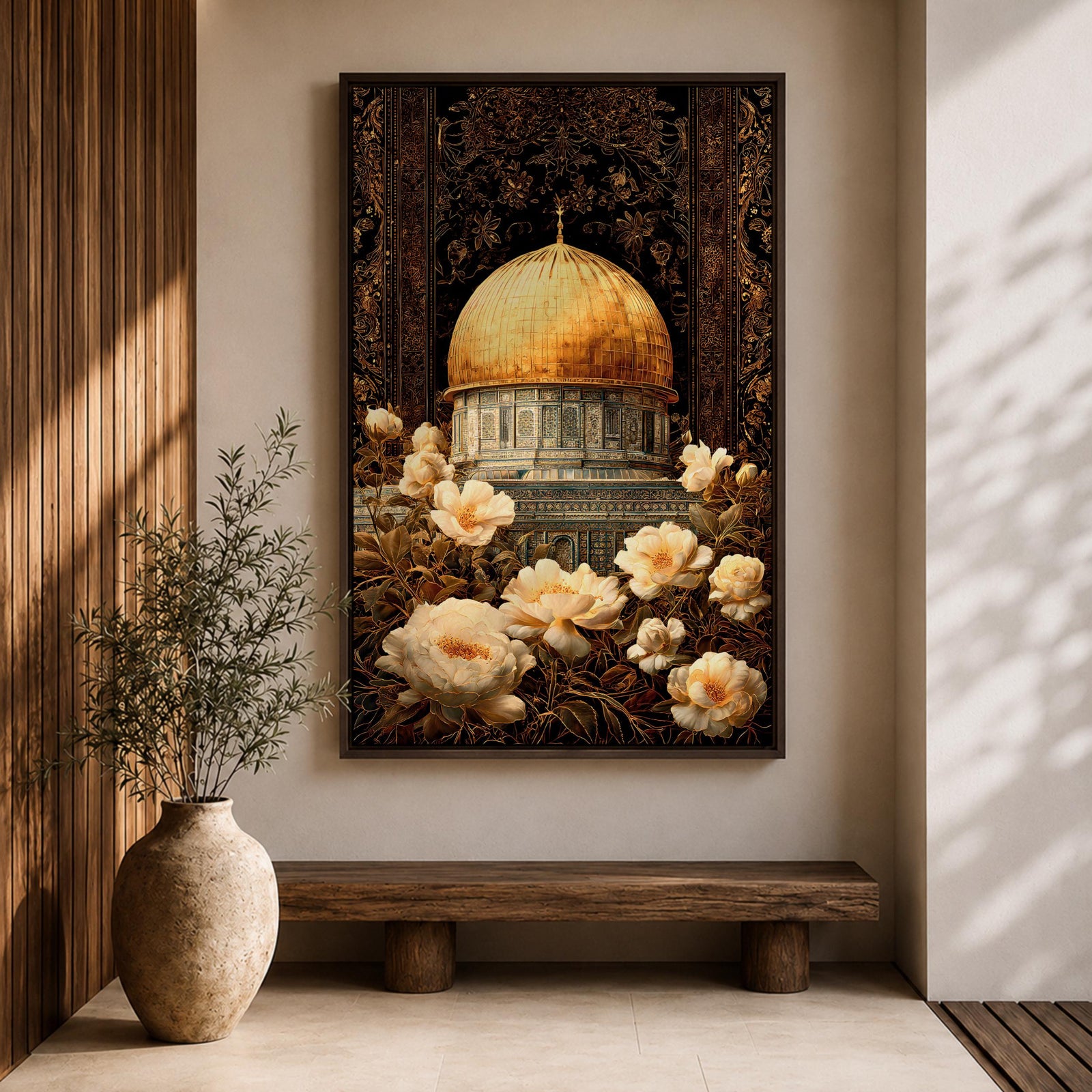 Elegant artwork of the Dome of the Rock in Jerusalem featuring the iconic golden dome surrounded by detailed Ottoman-style floral ornamentation and blooming flowers. The composition highlights the sacred Islamic landmark with rich decorative patterns and warm vintage tones.