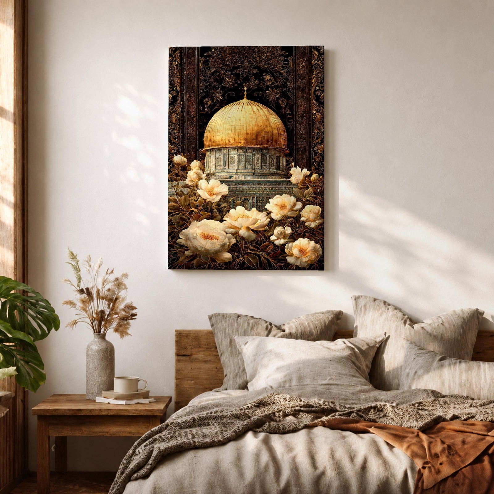 Elegant artwork of the Dome of the Rock in Jerusalem featuring the iconic golden dome surrounded by detailed Ottoman-style floral ornamentation and blooming flowers. The composition highlights the sacred Islamic landmark with rich decorative patterns and warm vintage tones.