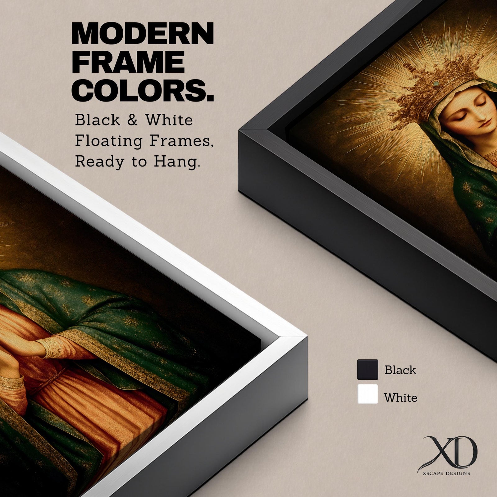 A vintage-style framed canvas wall art depicting the Virgin Mary with a golden crown and radiant halo, hands clasped in prayer, wearing a green cloak over a pink robe, rendered in a classical religious portrait style with warm, glowing tones.