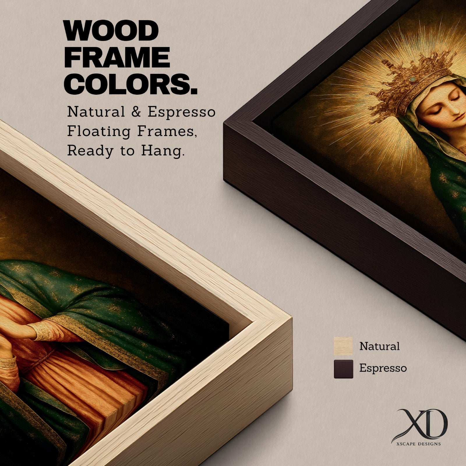 A vintage-style framed canvas wall art depicting the Virgin Mary with a golden crown and radiant halo, hands clasped in prayer, wearing a green cloak over a pink robe, rendered in a classical religious portrait style with warm, glowing tones.
