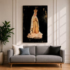 Devotional illustration of Our Lady of Fatima appearing in a Marian apparition, shown with a gentle expression and hands joined in prayer, wearing flowing white robes with a veil and a soft golden halo, rendered with delicate shading and radiant light in a traditional Catholic devotional composition centered on the Blessed Virgin Mary.