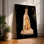 Devotional illustration of Our Lady of Fatima appearing in a Marian apparition, shown with a gentle expression and hands joined in prayer, wearing flowing white robes with a veil and a soft golden halo, rendered with delicate shading and radiant light in a traditional Catholic devotional composition centered on the Blessed Virgin Mary.