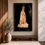 Devotional illustration of Our Lady of Fatima appearing in a Marian apparition, shown with a gentle expression and hands joined in prayer, wearing flowing white robes with a veil and a soft golden halo, rendered with delicate shading and radiant light in a traditional Catholic devotional composition centered on the Blessed Virgin Mary.