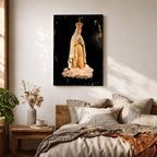 Devotional illustration of Our Lady of Fatima appearing in a Marian apparition, shown with a gentle expression and hands joined in prayer, wearing flowing white robes with a veil and a soft golden halo, rendered with delicate shading and radiant light in a traditional Catholic devotional composition centered on the Blessed Virgin Mary.