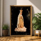 Devotional illustration of Our Lady of Fatima appearing in a Marian apparition, shown with a gentle expression and hands joined in prayer, wearing flowing white robes with a veil and a soft golden halo, rendered with delicate shading and radiant light in a traditional Catholic devotional composition centered on the Blessed Virgin Mary.