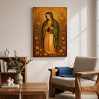 Illustration of Our Lady of Guadalupe also known as La Virgen Morena standing with hands clasped in prayer, wearing a rose colored gown and a teal mantle covered with gold stars, surrounded by radiant golden rays and decorative floral elements, with a small angel beneath her, rendered with soft shading in a devotional style inspired by Mexican Catholic iconography.