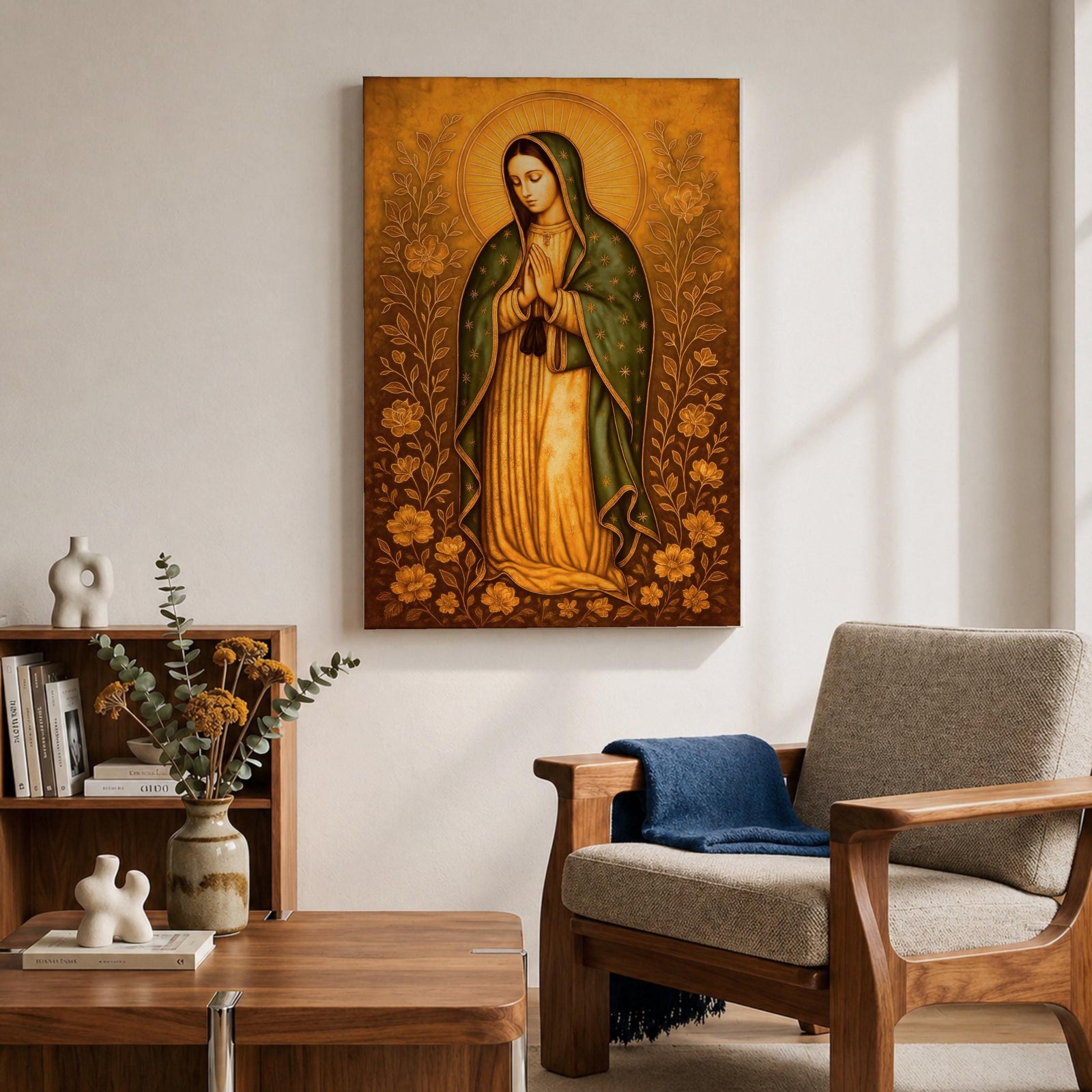 Illustration of Our Lady of Guadalupe also known as La Virgen Morena standing with hands clasped in prayer, wearing a rose colored gown and a teal mantle covered with gold stars, surrounded by radiant golden rays and decorative floral elements, with a small angel beneath her, rendered with soft shading in a devotional style inspired by Mexican Catholic iconography.