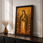 Illustration of Our Lady of Guadalupe also known as La Virgen Morena standing with hands clasped in prayer, wearing a rose colored gown and a teal mantle covered with gold stars, surrounded by radiant golden rays and decorative floral elements, with a small angel beneath her, rendered with soft shading in a devotional style inspired by Mexican Catholic iconography.