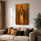 Illustration of Our Lady of Guadalupe also known as La Virgen Morena standing with hands clasped in prayer, wearing a rose colored gown and a teal mantle covered with gold stars, surrounded by radiant golden rays and decorative floral elements, with a small angel beneath her, rendered with soft shading in a devotional style inspired by Mexican Catholic iconography.