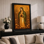 Illustration of Our Lady of Guadalupe also known as La Virgen Morena standing with hands clasped in prayer, wearing a rose colored gown and a teal mantle covered with gold stars, surrounded by radiant golden rays and decorative floral elements, with a small angel beneath her, rendered with soft shading in a devotional style inspired by Mexican Catholic iconography.