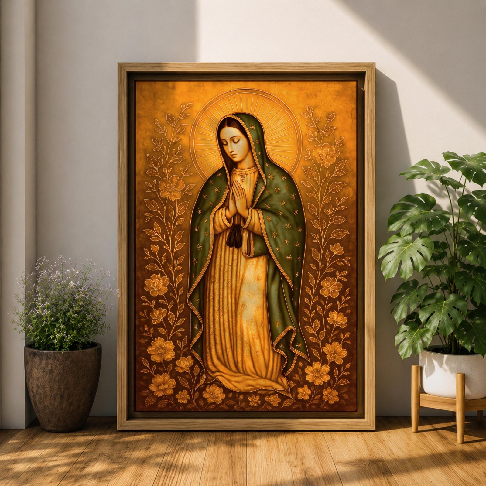Illustration of Our Lady of Guadalupe also known as La Virgen Morena standing with hands clasped in prayer, wearing a rose colored gown and a teal mantle covered with gold stars, surrounded by radiant golden rays and decorative floral elements, with a small angel beneath her, rendered with soft shading in a devotional style inspired by Mexican Catholic iconography.