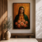 Devotional illustration of the Virgin Mary presenting the Immaculate Heart glowing at her chest, encircled with roses and radiant light, shown with a gentle expression and open hands, wearing flowing robes and a soft halo, rendered with delicate shading and warm tones in a traditional Marian Catholic devotional composition.