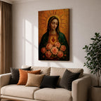 Devotional illustration of the Virgin Mary presenting the Immaculate Heart glowing at her chest, encircled with roses and radiant light, shown with a gentle expression and open hands, wearing flowing robes and a soft halo, rendered with delicate shading and warm tones in a traditional Marian Catholic devotional composition.