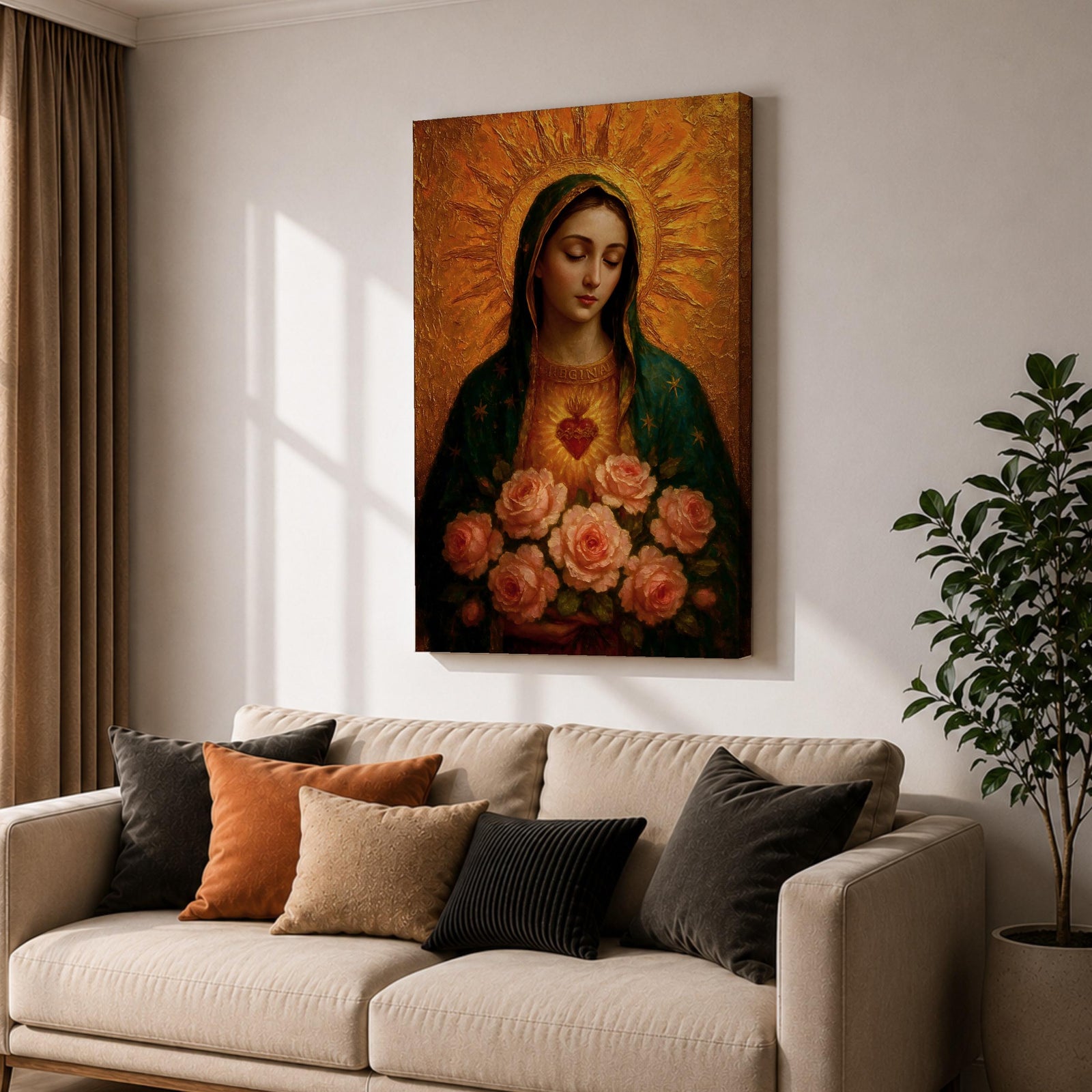 Devotional illustration of the Virgin Mary presenting the Immaculate Heart glowing at her chest, encircled with roses and radiant light, shown with a gentle expression and open hands, wearing flowing robes and a soft halo, rendered with delicate shading and warm tones in a traditional Marian Catholic devotional composition.