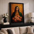 Devotional illustration of the Virgin Mary presenting the Immaculate Heart glowing at her chest, encircled with roses and radiant light, shown with a gentle expression and open hands, wearing flowing robes and a soft halo, rendered with delicate shading and warm tones in a traditional Marian Catholic devotional composition.