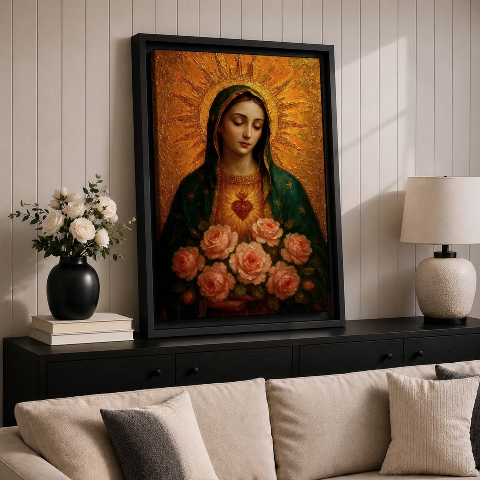 Devotional illustration of the Virgin Mary presenting the Immaculate Heart glowing at her chest, encircled with roses and radiant light, shown with a gentle expression and open hands, wearing flowing robes and a soft halo, rendered with delicate shading and warm tones in a traditional Marian Catholic devotional composition.