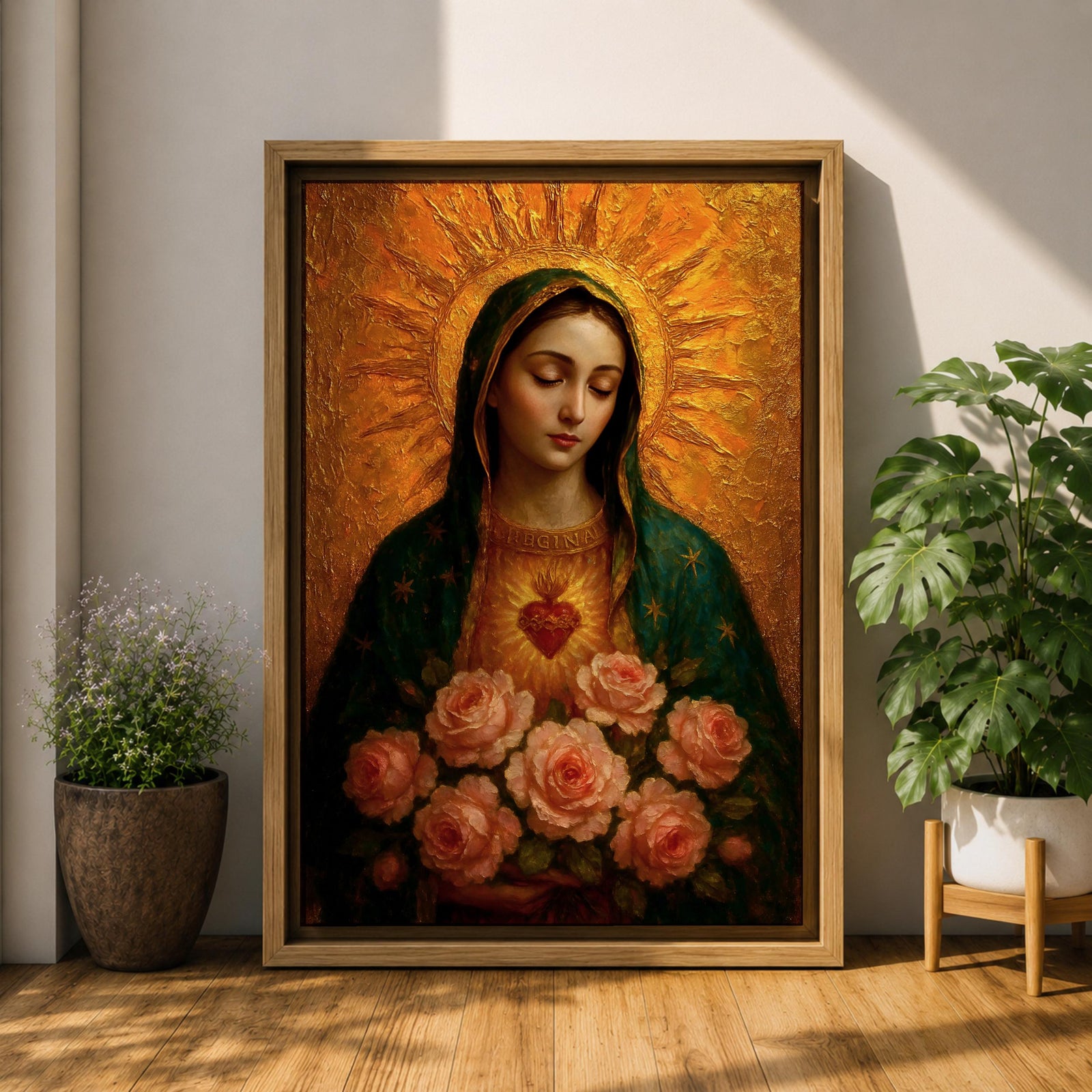 Devotional illustration of the Virgin Mary presenting the Immaculate Heart glowing at her chest, encircled with roses and radiant light, shown with a gentle expression and open hands, wearing flowing robes and a soft halo, rendered with delicate shading and warm tones in a traditional Marian Catholic devotional composition.