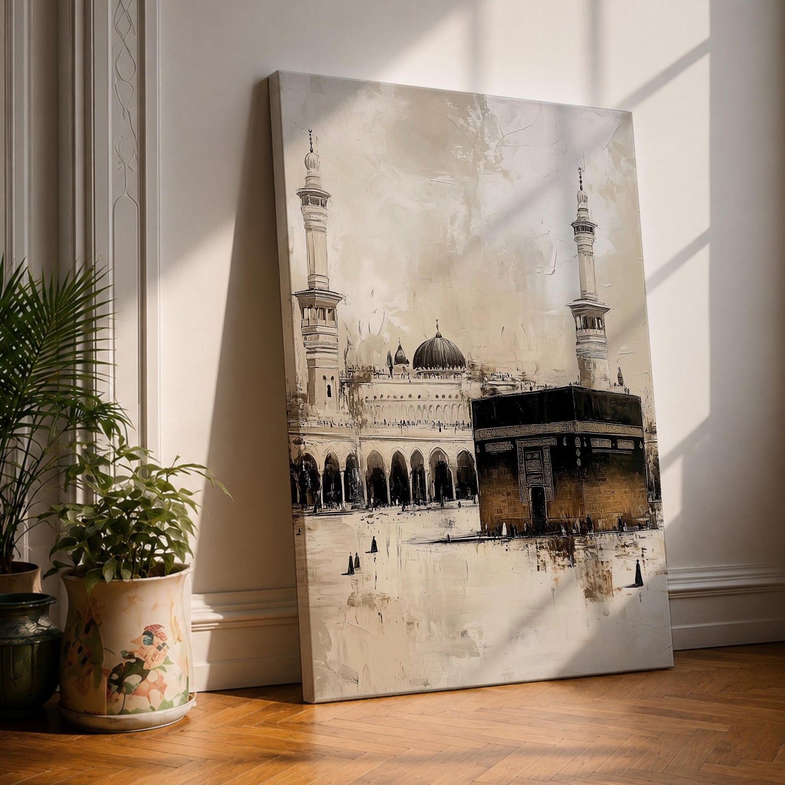 Neutral vintage-style artwork of the Kaaba at Masjid al-Haram in Mecca with soft beige tones and elegant mosque minarets. The minimalist composition highlights the sacred Islamic landmark and Hajj pilgrimage atmosphere with calm textures and timeless decor style.