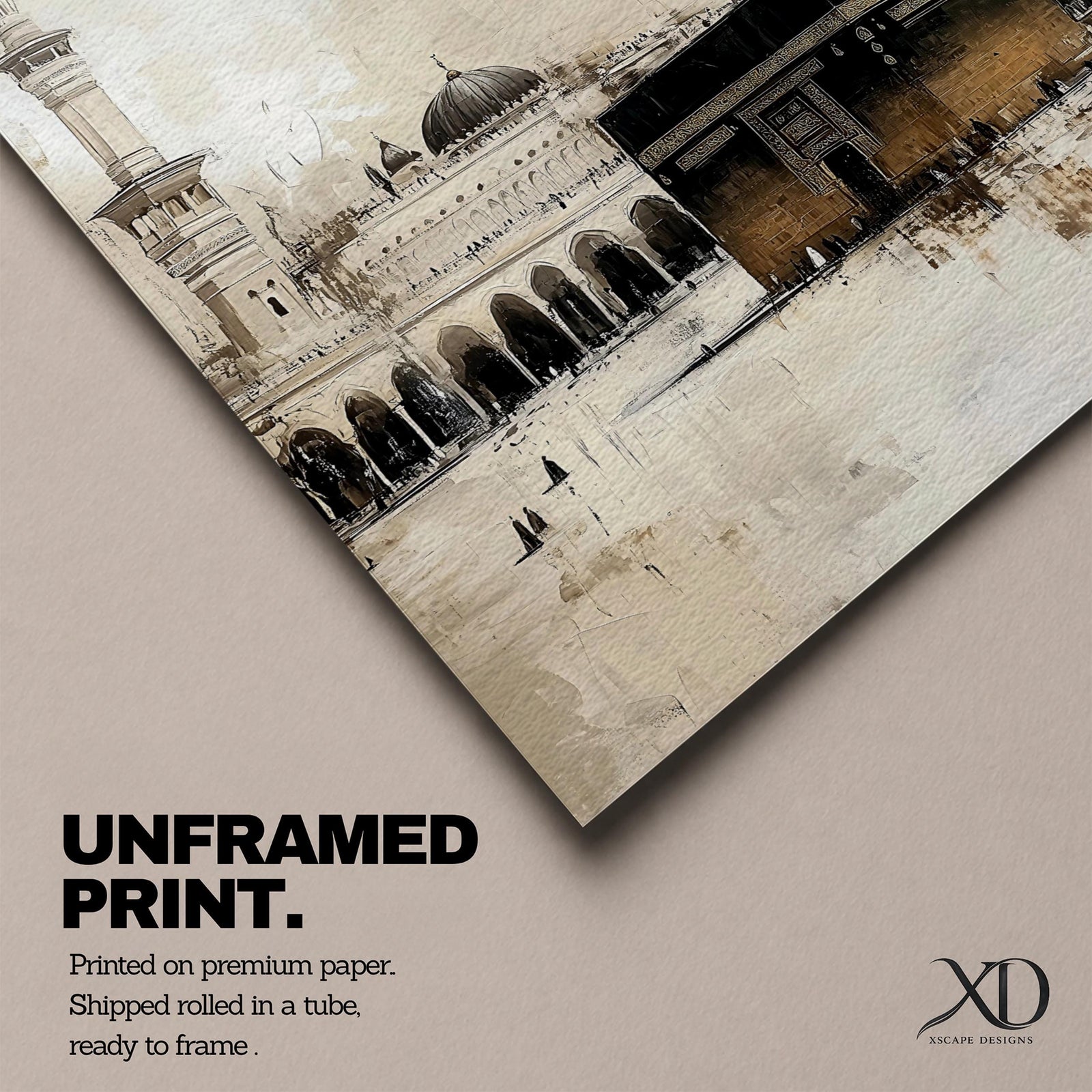 Neutral vintage-style artwork of the Kaaba at Masjid al-Haram in Mecca with soft beige tones and elegant mosque minarets. The minimalist composition highlights the sacred Islamic landmark and Hajj pilgrimage atmosphere with calm textures and timeless decor style.