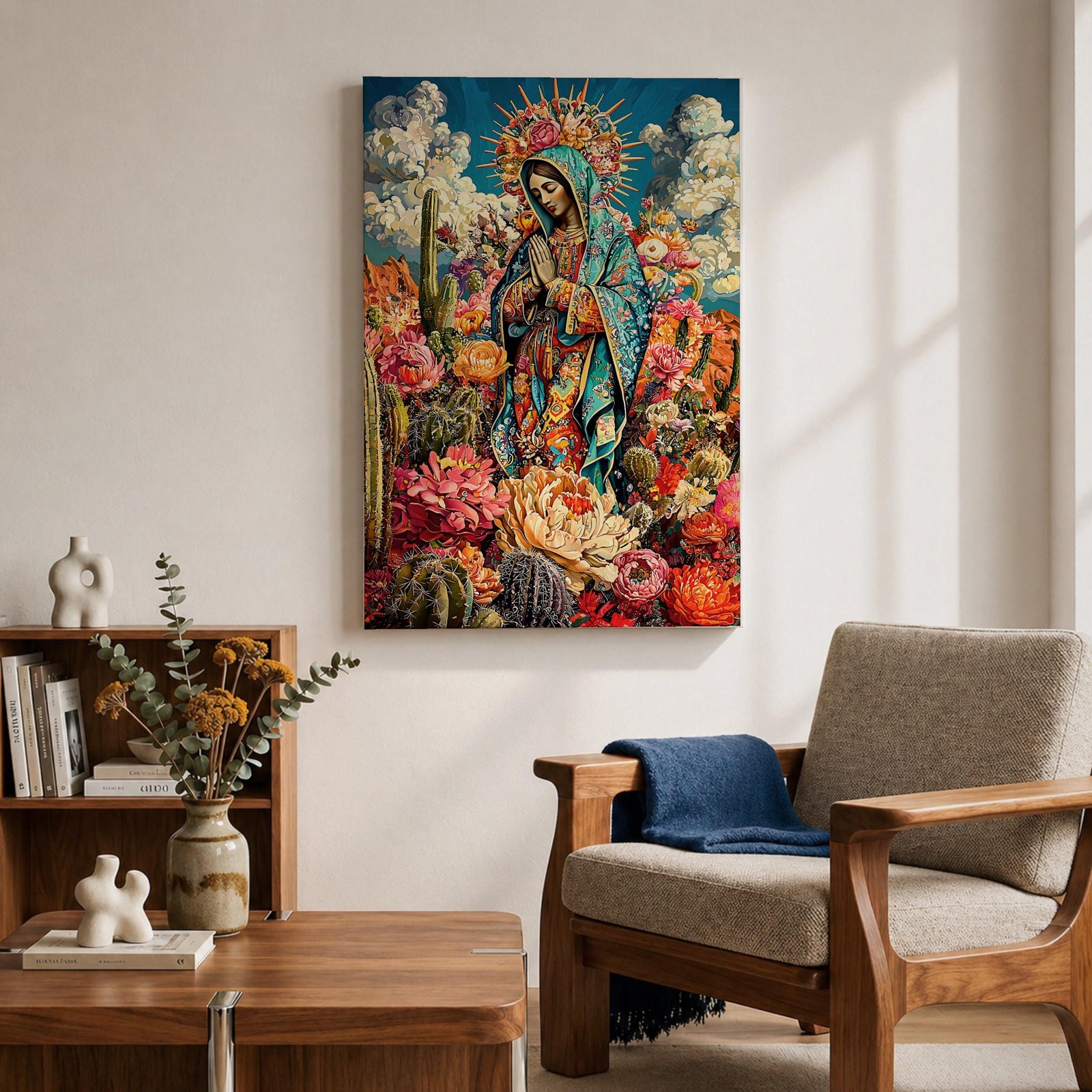 Illustration of Our Lady of Guadalupe also known as the Mexican Virgencita standing with hands clasped in prayer, wearing a rose colored gown and a teal mantle covered with gold stars, surrounded by radiant golden rays and floral elements with a small angel beneath her, rendered with soft shading in a devotional style inspired by Mexican Catholic iconography.