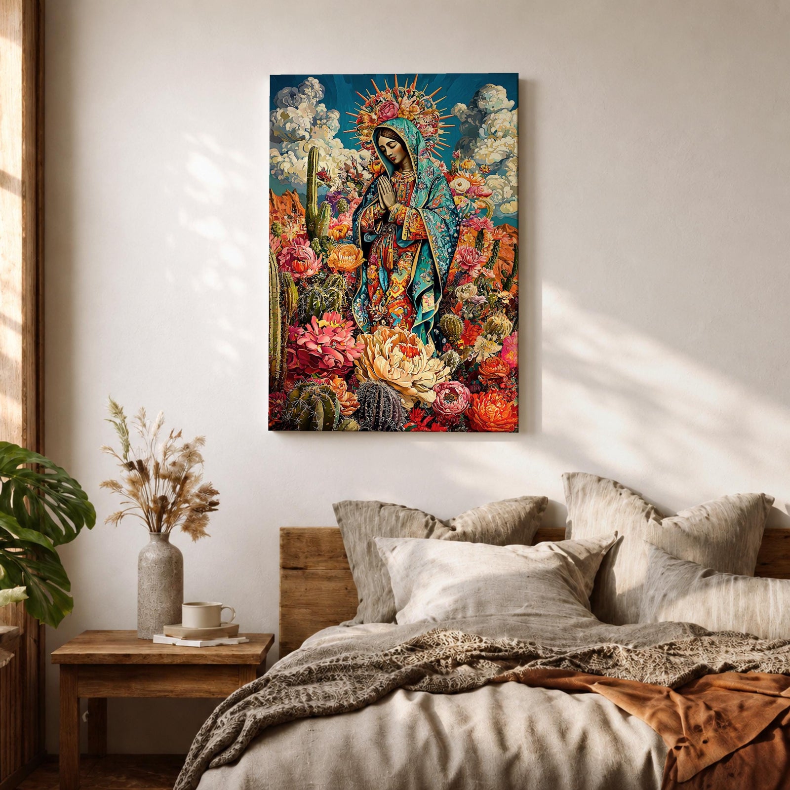 Illustration of Our Lady of Guadalupe also known as the Mexican Virgencita standing with hands clasped in prayer, wearing a rose colored gown and a teal mantle covered with gold stars, surrounded by radiant golden rays and floral elements with a small angel beneath her, rendered with soft shading in a devotional style inspired by Mexican Catholic iconography.