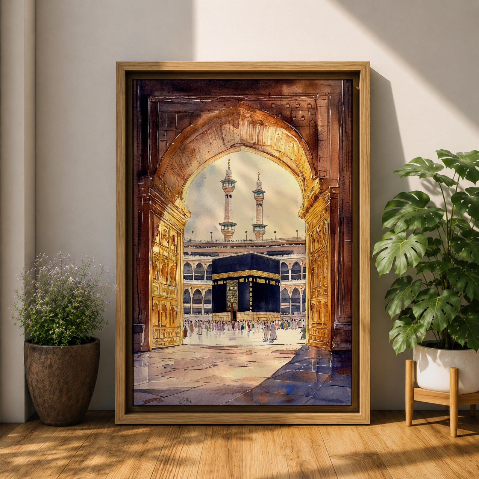 Watercolor-style artwork of the Kaaba at Masjid Al Haram in Mecca viewed through a grand mosque archway with open golden doors and pilgrims gathered in the courtyard beneath tall minarets.