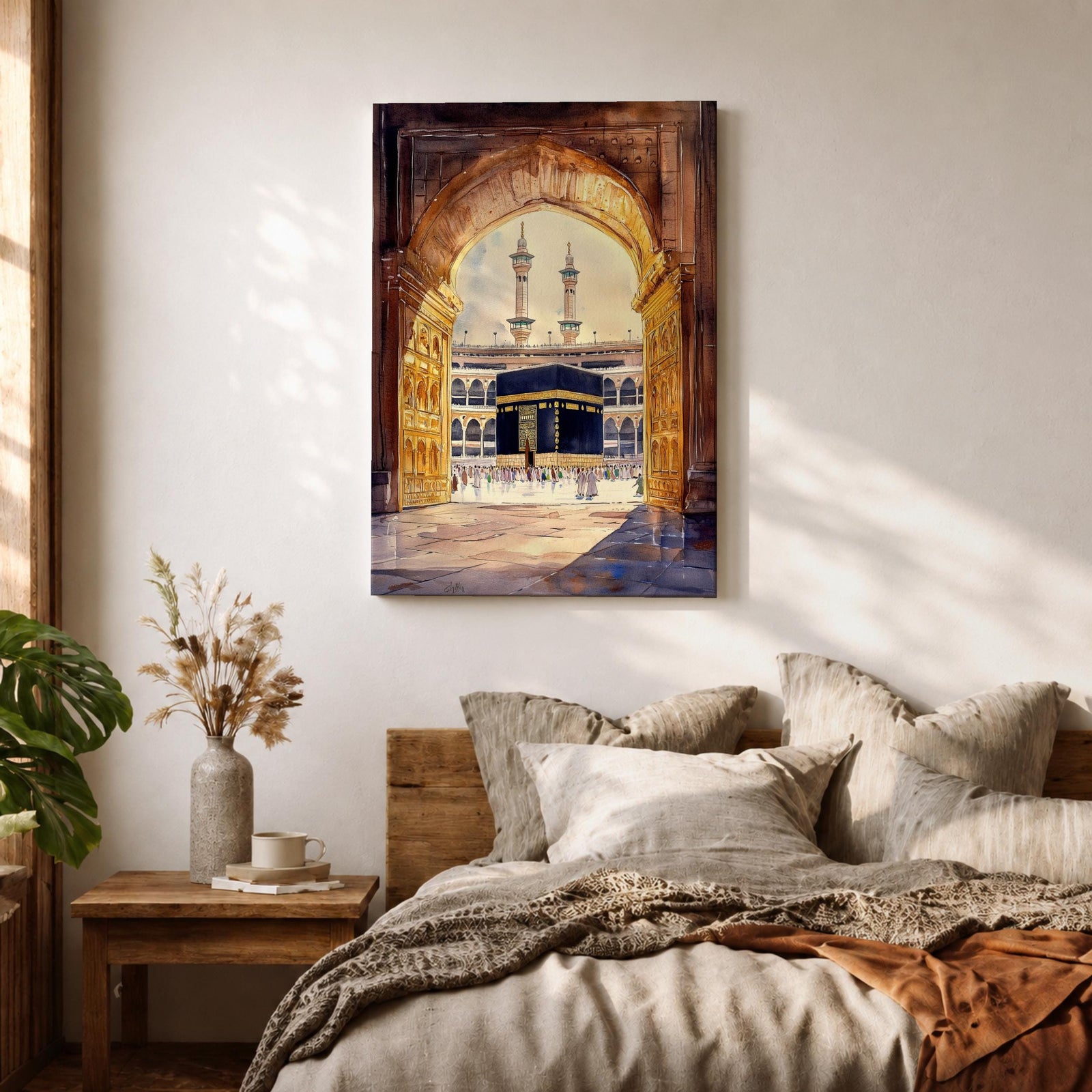 Watercolor-style artwork of the Kaaba at Masjid Al Haram in Mecca viewed through a grand mosque archway with open golden doors and pilgrims gathered in the courtyard beneath tall minarets.