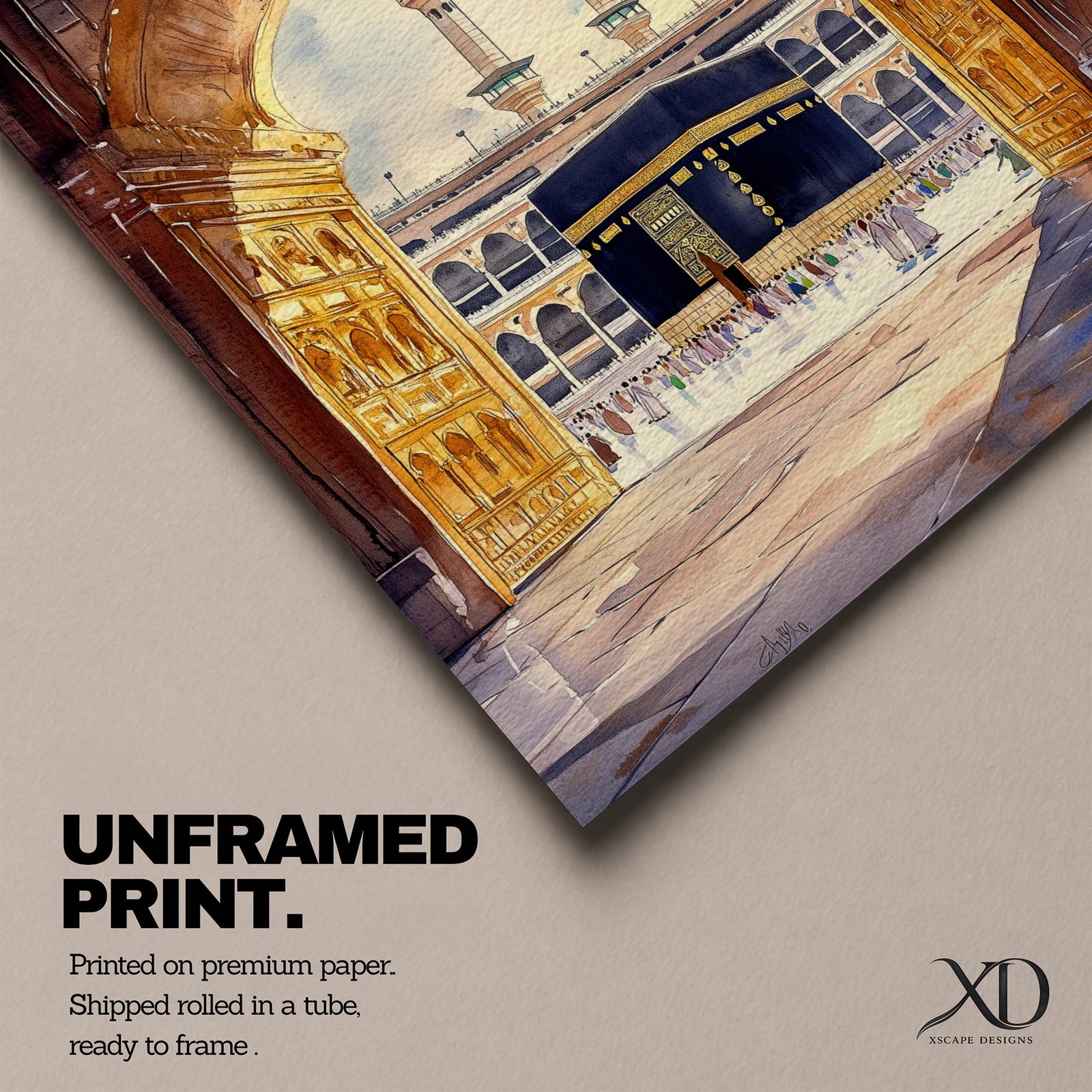 Watercolor-style artwork of the Kaaba at Masjid Al Haram in Mecca viewed through a grand mosque archway with open golden doors and pilgrims gathered in the courtyard beneath tall minarets.