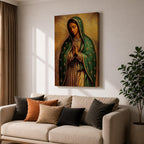 Illustration of the Virgin of Guadalupe also known as La Morenita standing with hands clasped in prayer, wearing a rose colored gown and a teal mantle covered with gold stars, surrounded by radiant golden rays with a small angel beneath her, rendered with warm tones and textured shading in a rustic devotional style inspired by Mexican Catholic iconography.
