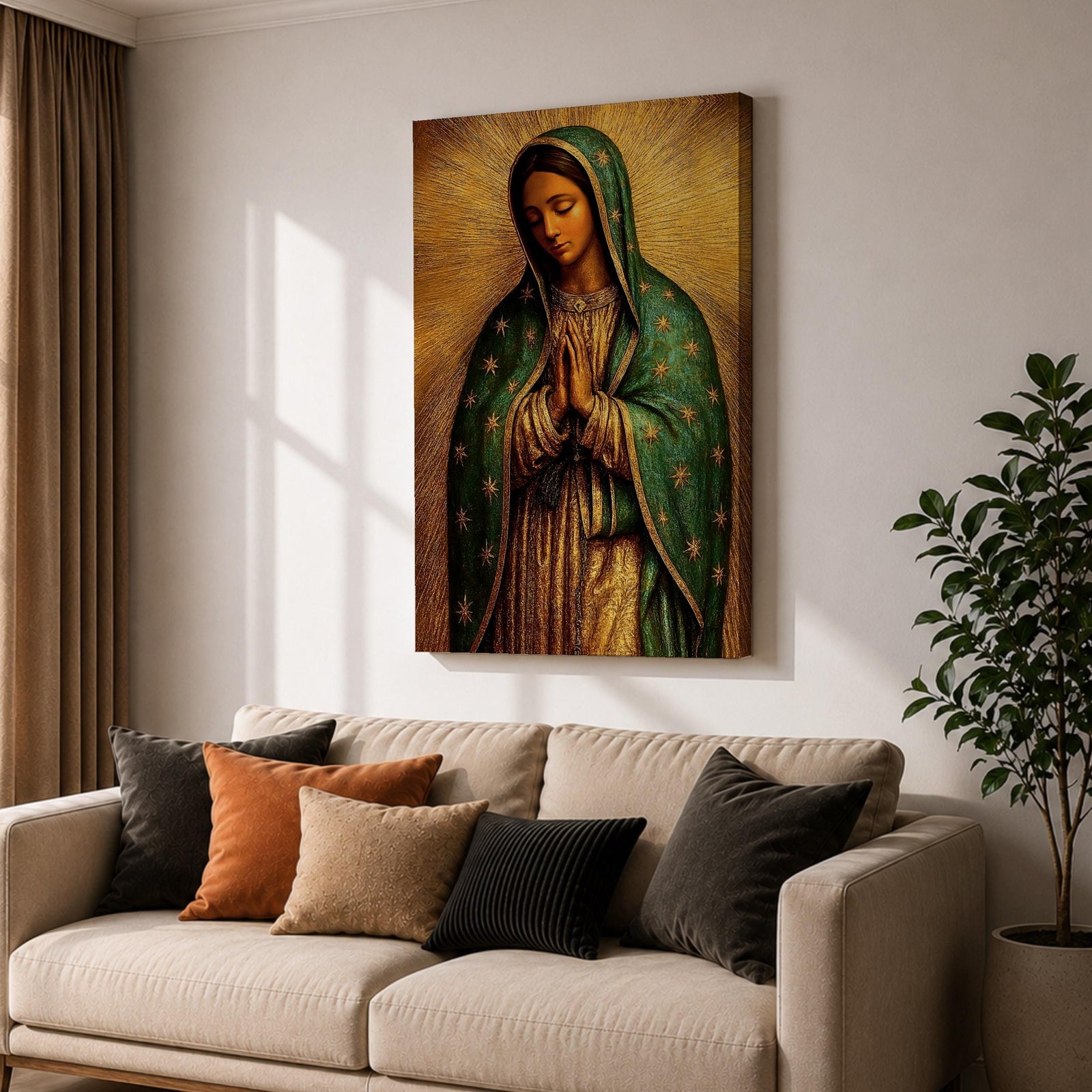 Illustration of the Virgin of Guadalupe also known as La Morenita standing with hands clasped in prayer, wearing a rose colored gown and a teal mantle covered with gold stars, surrounded by radiant golden rays with a small angel beneath her, rendered with warm tones and textured shading in a rustic devotional style inspired by Mexican Catholic iconography.
