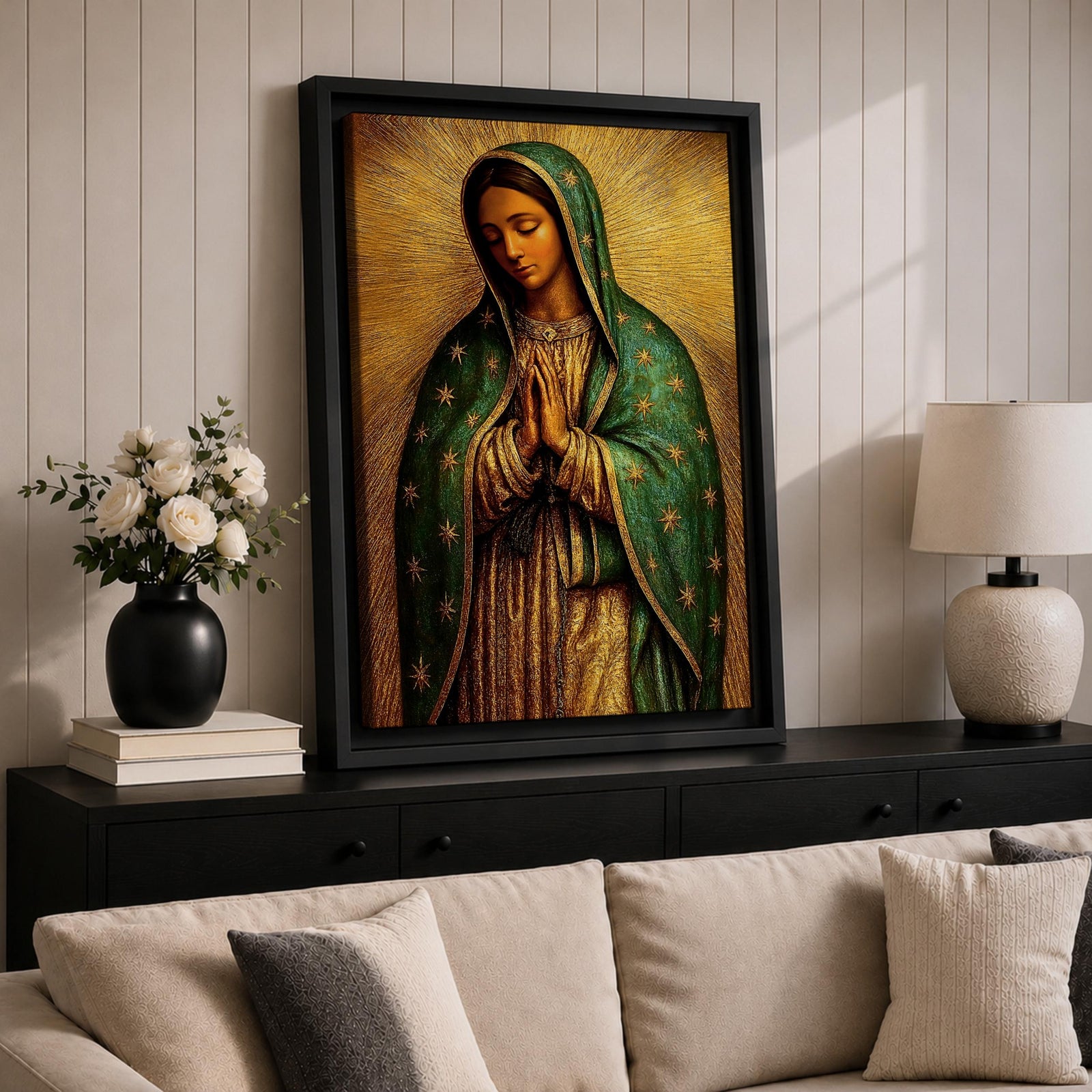 Illustration of the Virgin of Guadalupe also known as La Morenita standing with hands clasped in prayer, wearing a rose colored gown and a teal mantle covered with gold stars, surrounded by radiant golden rays with a small angel beneath her, rendered with warm tones and textured shading in a rustic devotional style inspired by Mexican Catholic iconography.