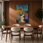 This impasto style painting features a lighthouse perched on a coastal cliff surrounded by vibrant lavender and wildflowers. A winding path leads toward the lighthouse under a bright blue sky with textured brushstrokes creating depth and movement in the landscape composition.