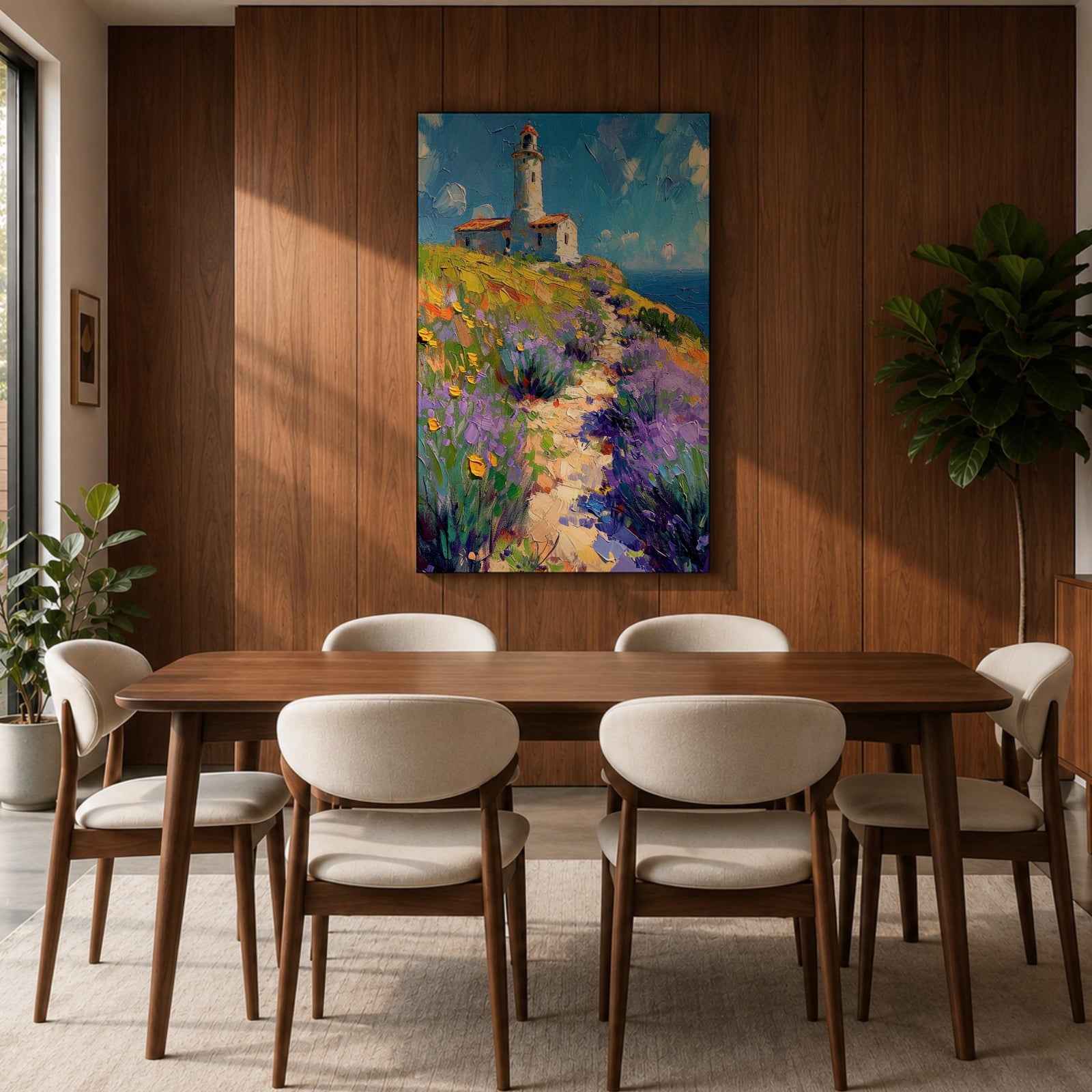This impasto style painting features a lighthouse perched on a coastal cliff surrounded by vibrant lavender and wildflowers. A winding path leads toward the lighthouse under a bright blue sky with textured brushstrokes creating depth and movement in the landscape composition.