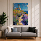 This impasto style painting features a lighthouse perched on a coastal cliff surrounded by vibrant lavender and wildflowers. A winding path leads toward the lighthouse under a bright blue sky with textured brushstrokes creating depth and movement in the landscape composition.
