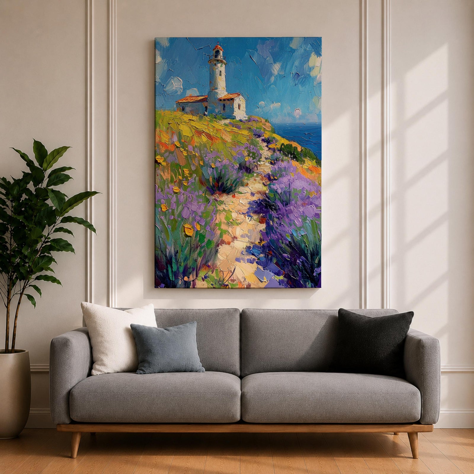 This impasto style painting features a lighthouse perched on a coastal cliff surrounded by vibrant lavender and wildflowers. A winding path leads toward the lighthouse under a bright blue sky with textured brushstrokes creating depth and movement in the landscape composition.