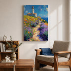 This impasto style painting features a lighthouse perched on a coastal cliff surrounded by vibrant lavender and wildflowers. A winding path leads toward the lighthouse under a bright blue sky with textured brushstrokes creating depth and movement in the landscape composition.