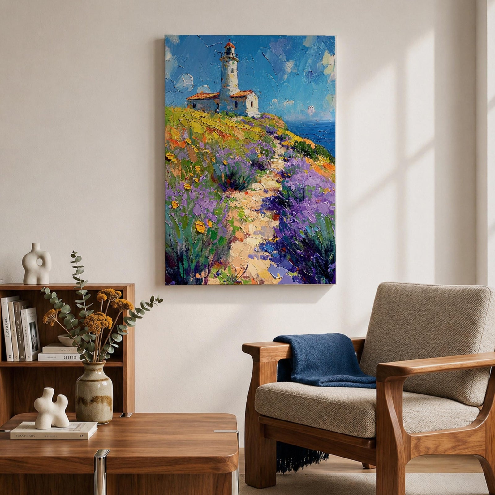 This impasto style painting features a lighthouse perched on a coastal cliff surrounded by vibrant lavender and wildflowers. A winding path leads toward the lighthouse under a bright blue sky with textured brushstrokes creating depth and movement in the landscape composition.