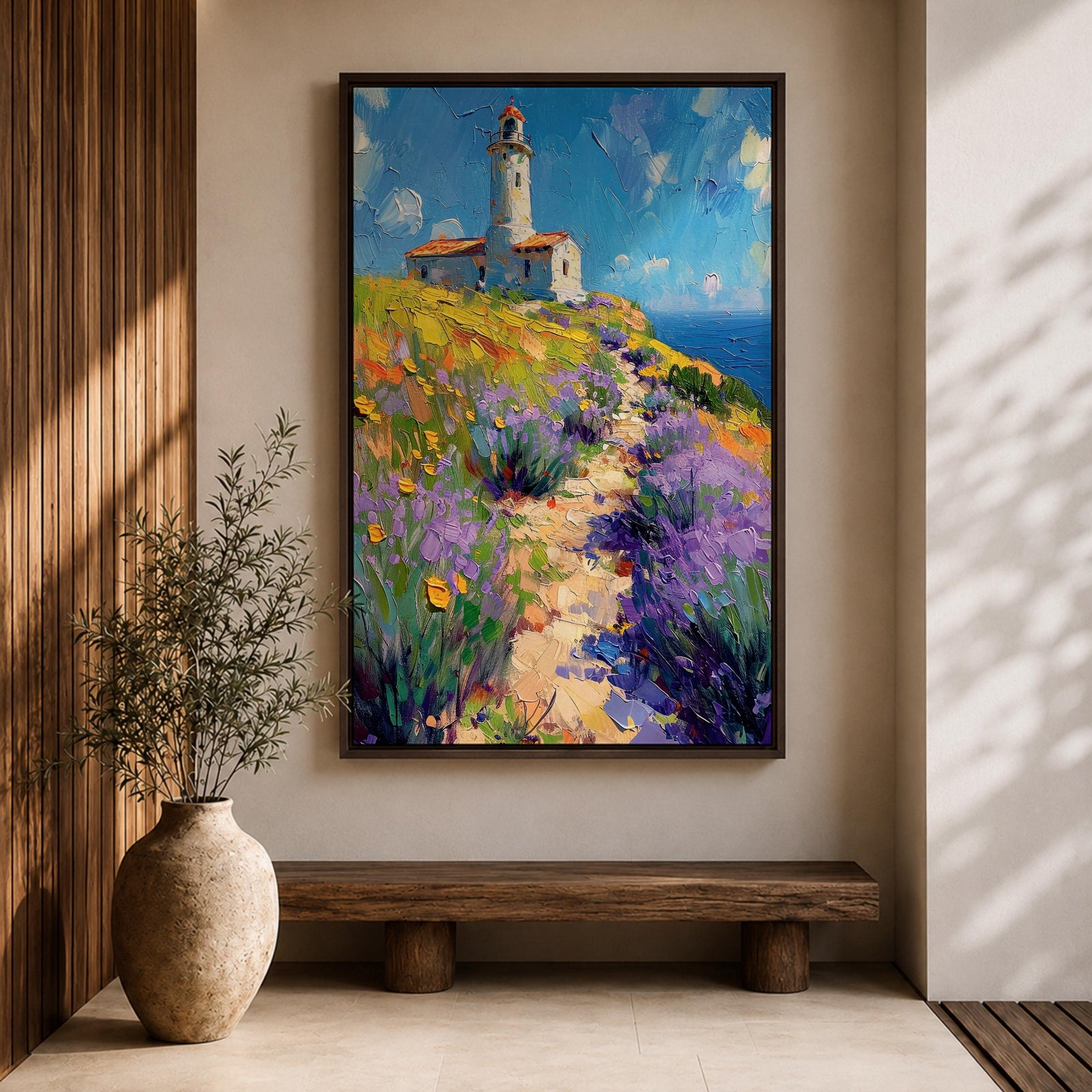 This impasto style painting features a lighthouse perched on a coastal cliff surrounded by vibrant lavender and wildflowers. A winding path leads toward the lighthouse under a bright blue sky with textured brushstrokes creating depth and movement in the landscape composition.