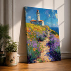 This impasto style painting features a lighthouse perched on a coastal cliff surrounded by vibrant lavender and wildflowers. A winding path leads toward the lighthouse under a bright blue sky with textured brushstrokes creating depth and movement in the landscape composition.